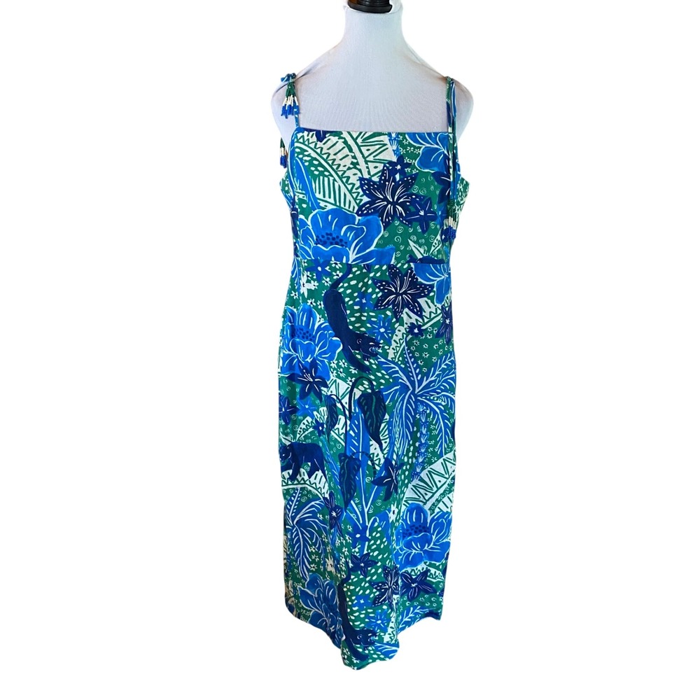 Rachel Zoe Green Tropical Floral Linen Blend Smocked Midi Dress Women's L
